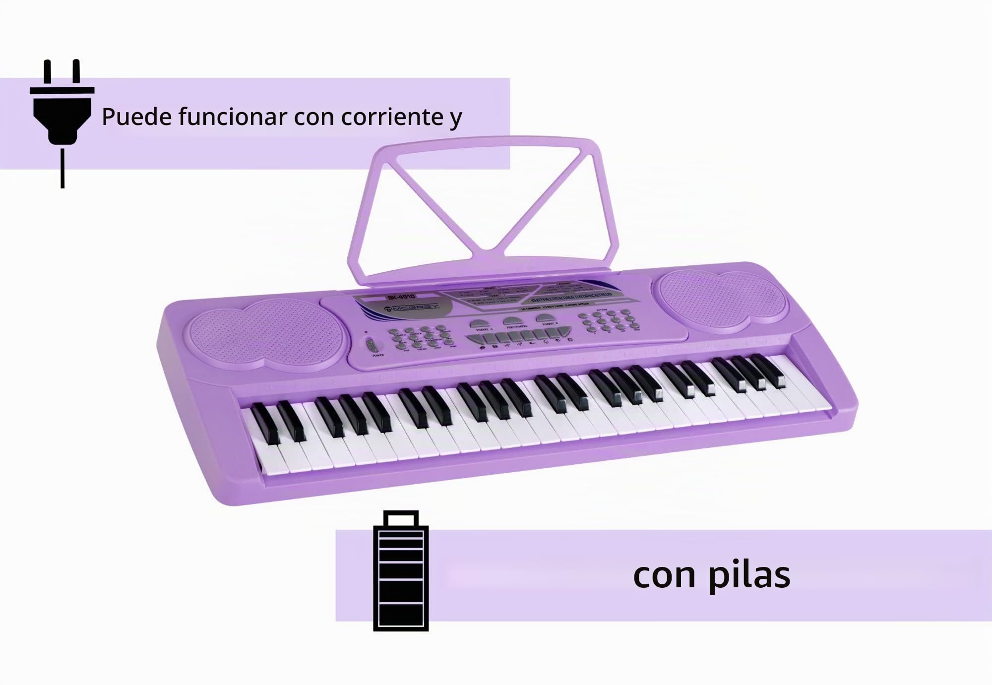 McGrey BK-4910VT Teclado Con 49 Teclas Y Atril Para Partituras Lila | Teclado para principiantes con 49 teclas, 16 sonidos, 10 ritmos, 8 sonidos de percusión, 6 canciones demo, 5 mm), Peso: 2