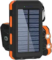 Power Bank Solar Portátil, 10000mAh, Preto, Carregamento Rápido, Bateria Solar com LED, USB Duplo, Resistente à Água IP4, para Smartphones e Dispositivos USB (Laranja)