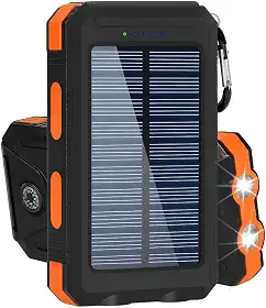Power Bank Solar Portátil, 10000mAh, Preto, Carregamento Rápido, Bateria Solar com LED, USB Duplo, Resistente à Água IP4, para Smartphones e Dispositivos USB (Laranja)