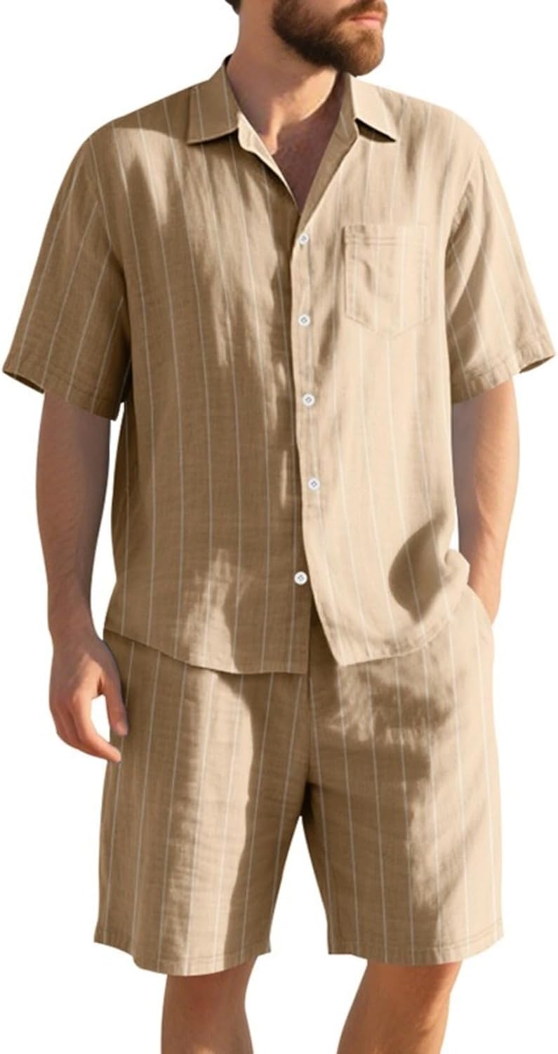 Men's Casual Linen Suits 2 Piece Outfits Summer Beach Vacation Short Sleeve Button Down Shirt and Shorts