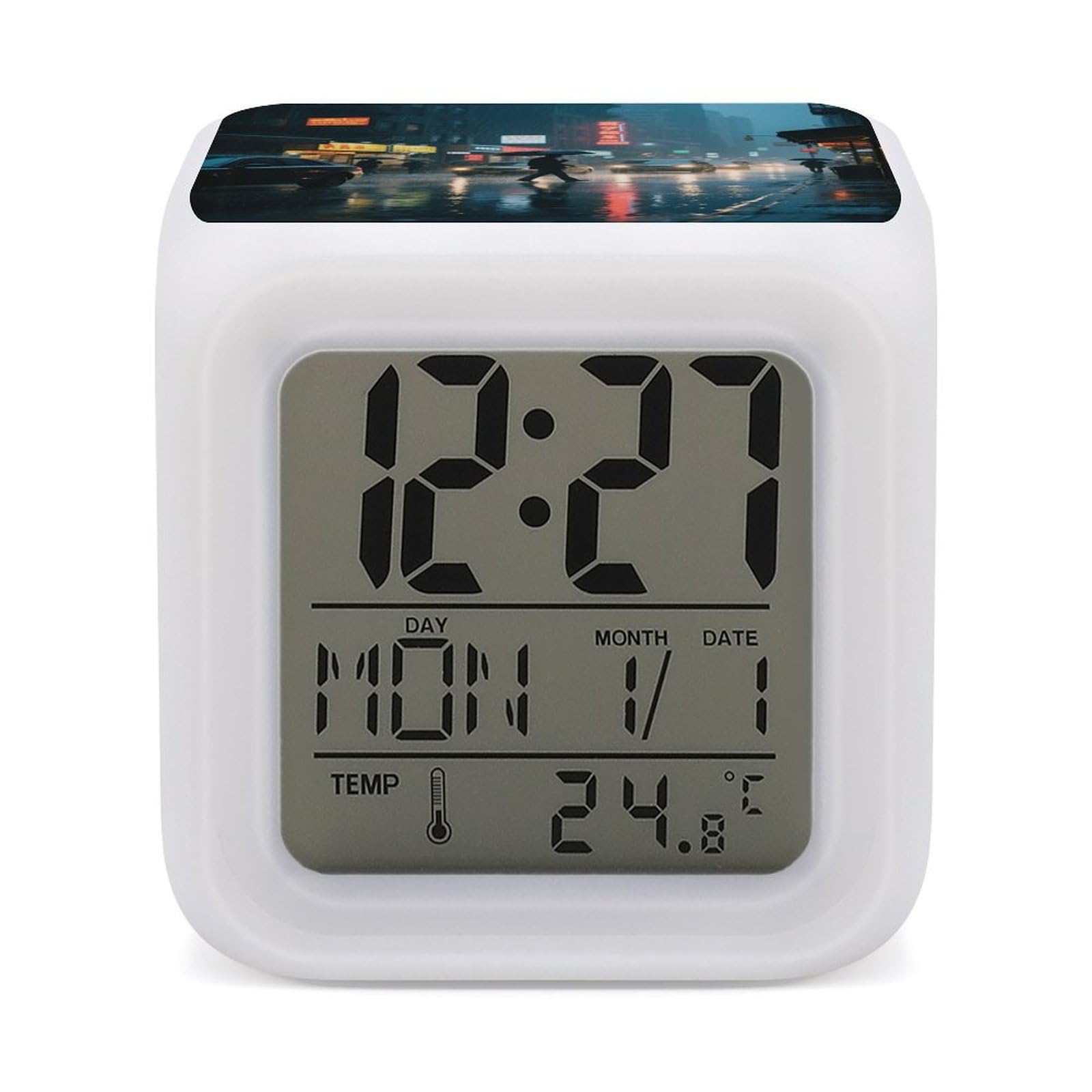 Reloj despertador digital LED con 7 colores, temperatura y calendario para mesita de noche
