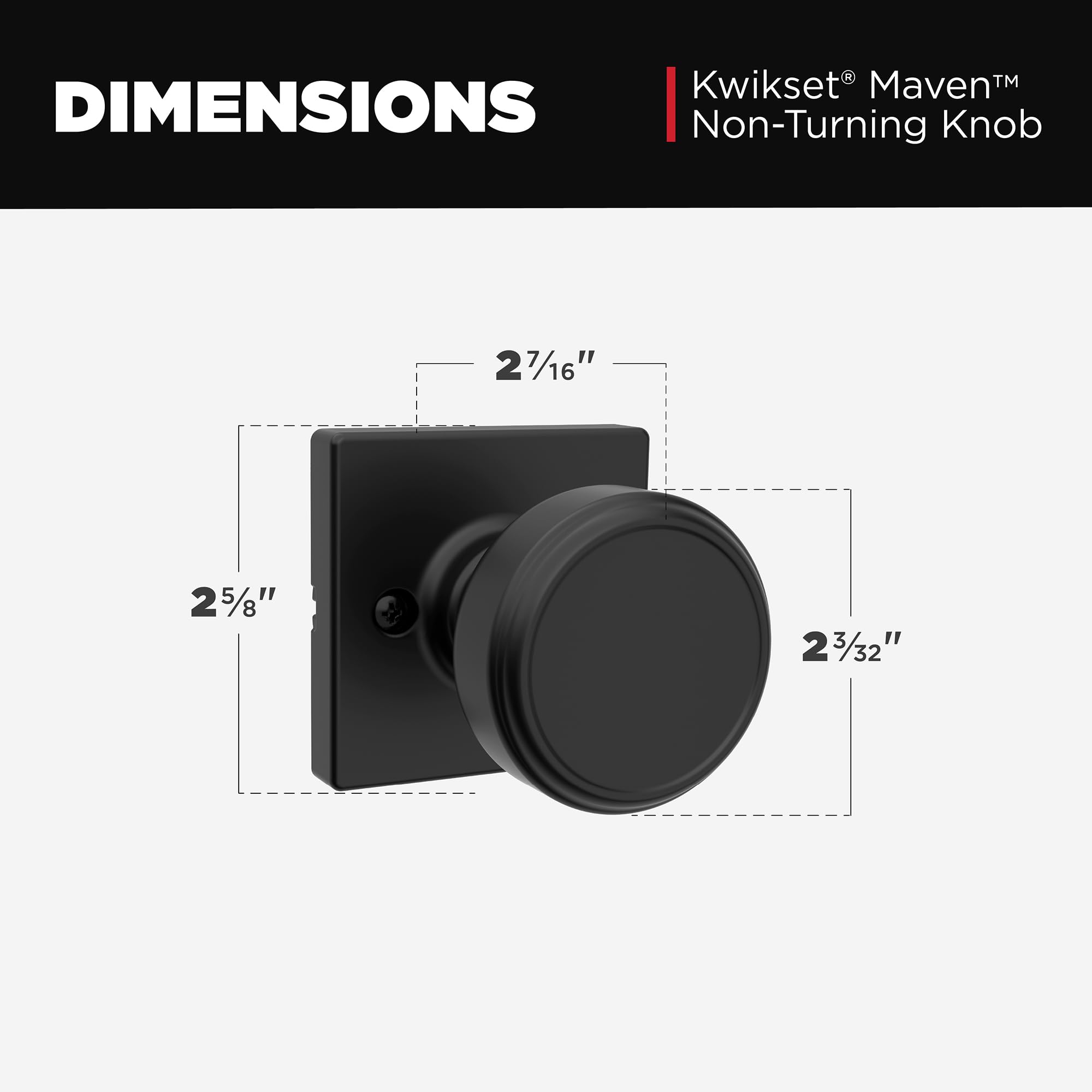 Kwikset Maven Gałka do drzwi manekina, jednostronny uchwyt do szafy, francuskie podwójne drzwi i spiżarnia, matowa, czarna, nieobracająca się kwadratowa gałka do drzwi wewnętrznych, z ochroną przed