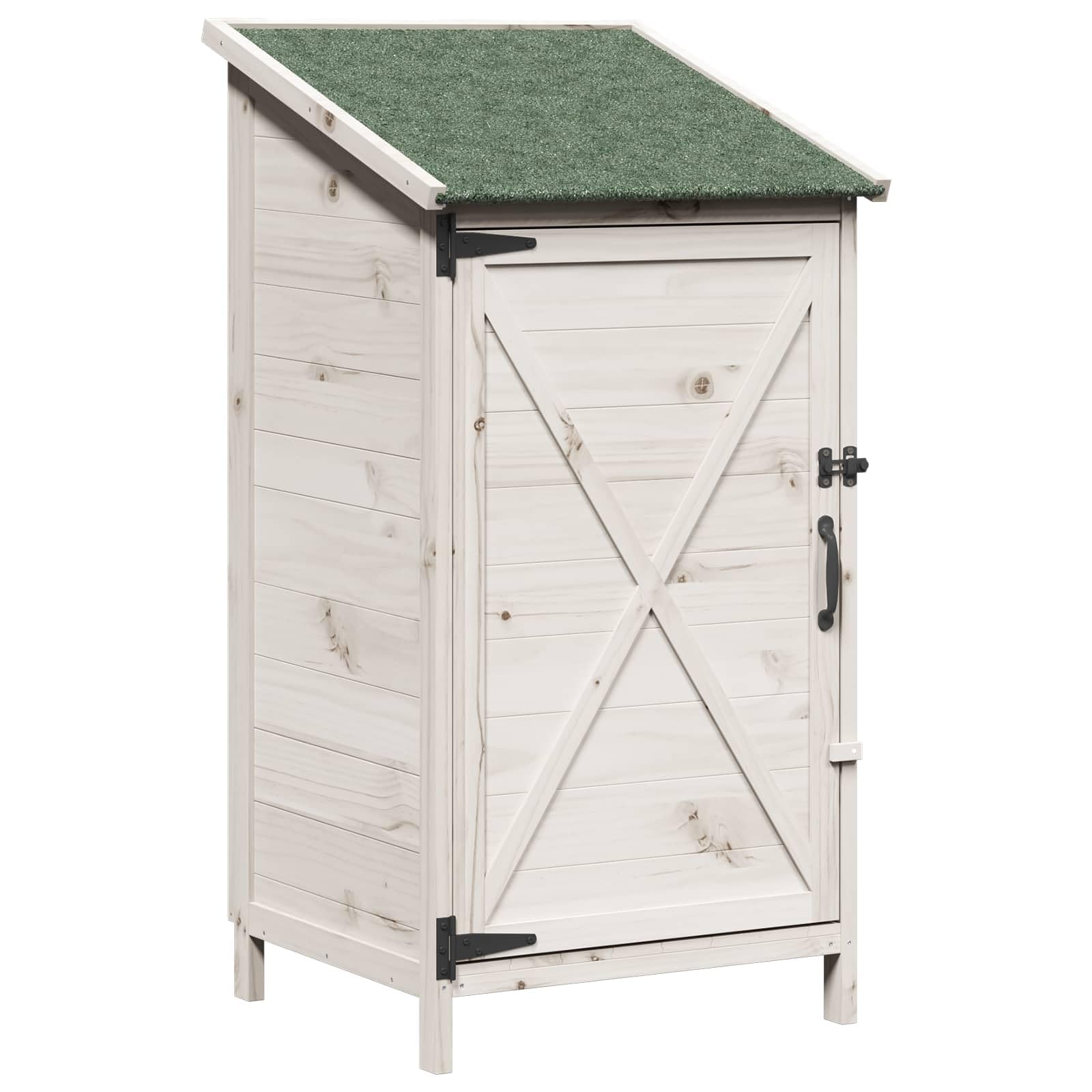 Drewniany domek ogrodowy, biały, 59,5 x 56 x 113,5 cm, z materiału drewnopochodnego z drzwiami wentylacyjnymi i nachylonym dachem asfaltowym do przechowywania narzędzi ogrodowych