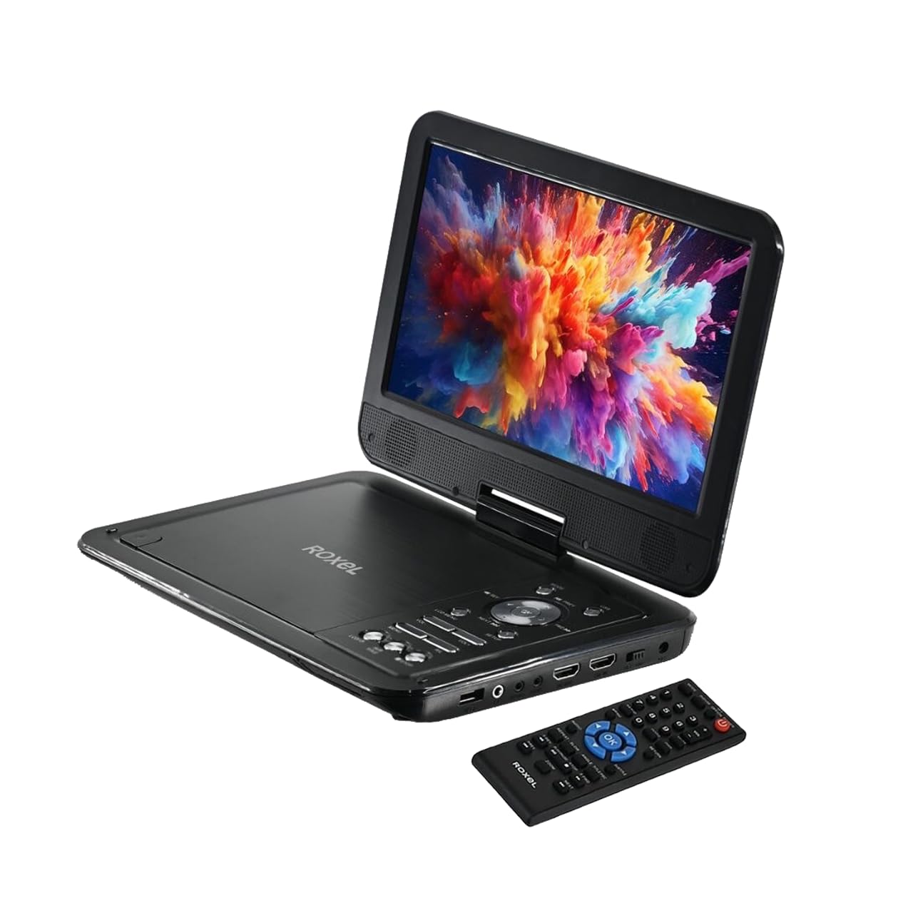 Roxel 12.5" Portable DVD Player with 10.1” Swivel Screen, 5-Hour Playback with Rechargable Battery, HDMI IN/Out, and Multi-Format Region-Free Playback (RDP-V10)