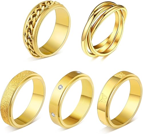 MOROYA 5 anillos giratorios chapados en oro de 18 quilates para la ansiedad, cadena de mariposa de acero inoxidable, anillos giratorios con