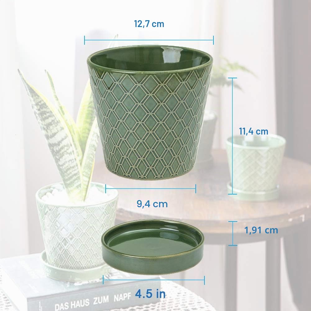 Buymax, Vasi per piante da interni, vaso da fiori in ceramica da 12,7 cm, con foro di drenaggio e vassoio in ceramica, per giardinaggio, casa, scrivania, ufficio, davanzale, regalo, set da 4, piante