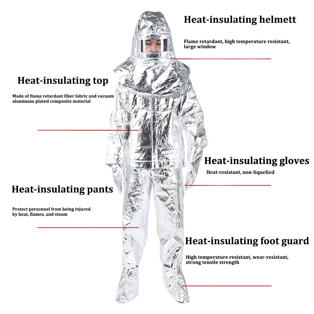Traje ignífugo, Resistente a la radiación térmica de 500/1000 ℃, protección Corporal Completa, Ropa Resistente al Calor, Traje de Aluminio para Bomberos