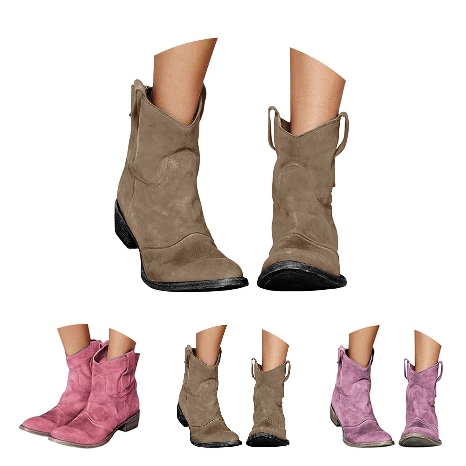 Cocila Botines De Ante Con Cremallera Trasera Para Otoño, Vaquero Estilo Western Mujer, Tacón Medio Tubo, Punta Redonda, Grueso, Botas Clásicas Retro Mujer Invierno Altas Tacon Alto Piel