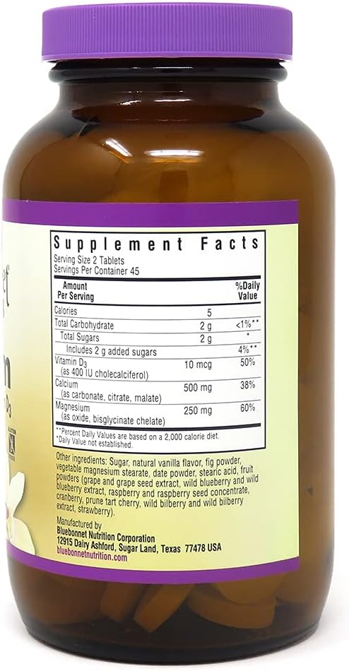 Bluebonnet Nutrition Calcium Magnesium Plus Vitamin D3 Earthsweet, Bone Health & Muscle Relaxation, Soy-Free, Gluten-Free, Kosher Certified, Dairy-Free, 90 Vanilla Flavored Chewable Tablets : Health & Household