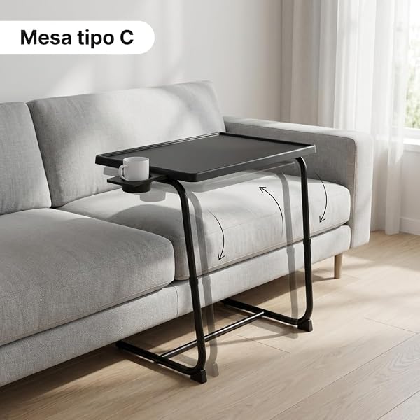 Pincho Mesa Auxiliar Sofa, Mesa Plegable, Folding Table, Mesita para Cama, Mueble Auxiliar Salón con Portavasos con Borde Elevado, Tipo C Altura Regulable Ajustable - Negra para Sofa y Cama - 3
