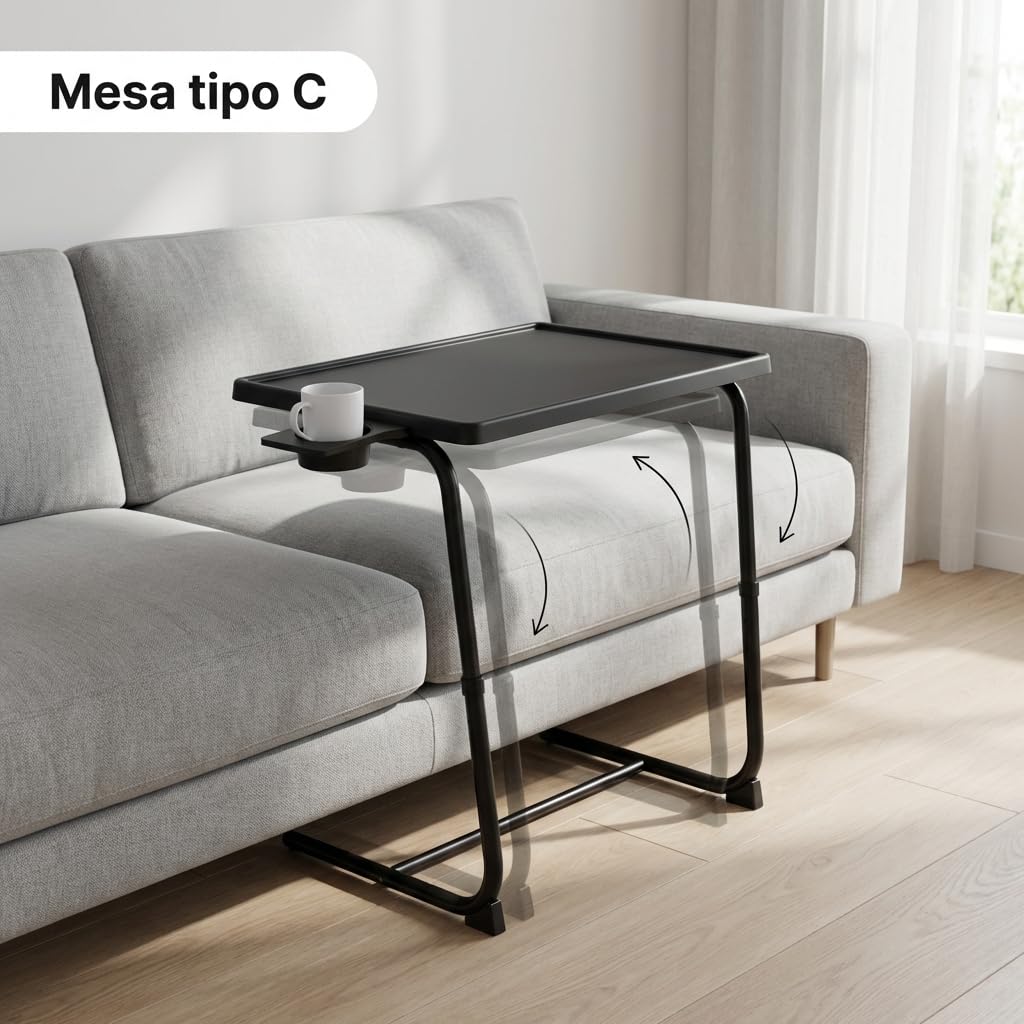 Pincho Mesa Auxiliar Sofa, Mesa Plegable, Folding Table, Mesita para Cama, Mueble Auxiliar Salón con Portavasos con Borde Elevado, Tipo C Altura Regulable Ajustable - Negra para Sofa y Cama — view 3