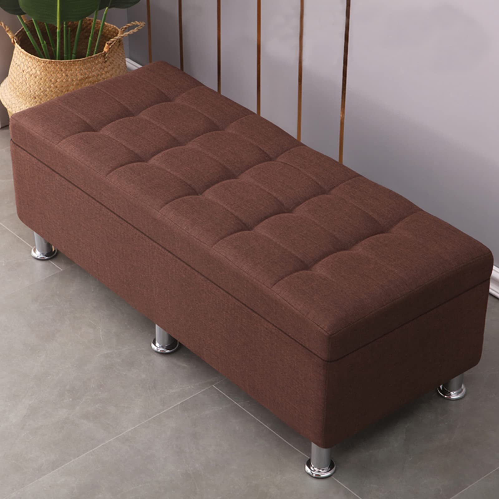 Pouf rectangulaire avec rangement en lin curry 100cm