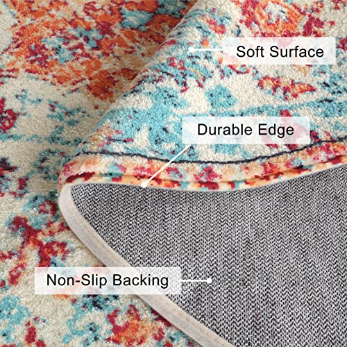 Lahome Bohemian Floral Medallion Round Rug - 4Ft Soft Bedroom Area Rug Oriental Distressed Washable Entryway Foyer Throw Mat Non-Slip Door Carpet For Dining Living Room Bedside Nursery, Orange/Multi #TOP1