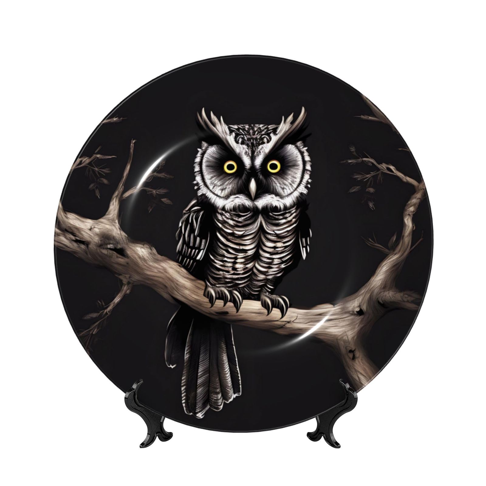 SXZVVBN Late Night Owl Bone China Decorative Plate Art with Stand Removable Adhesive Hanging for Home Office 6in（15cm）