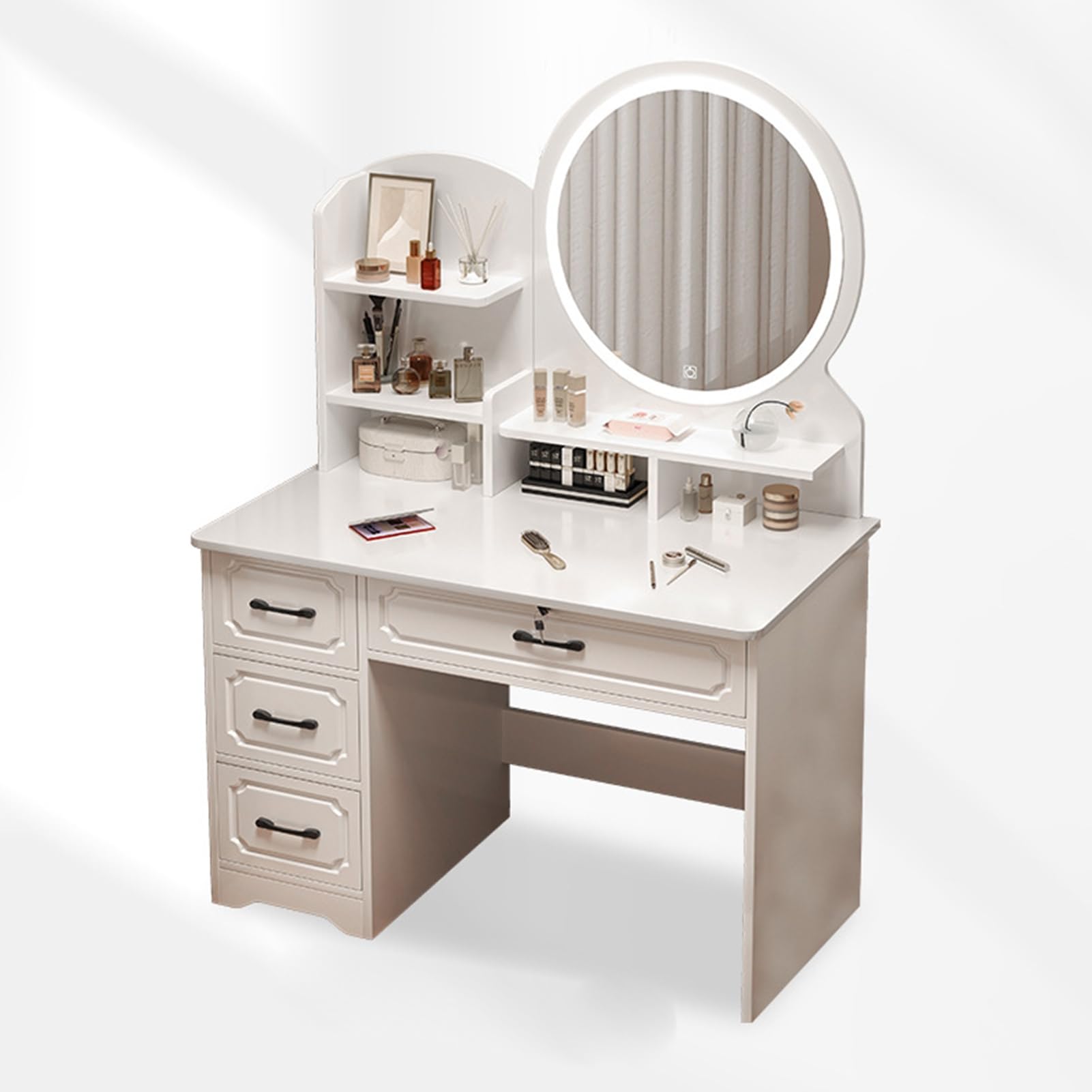 Makamsui Escritorio de tocador con espejo iluminado LED y estantes de almacenamiento de 4 cajones, tocador grande con luz para dormitorio y niñas, color blanco