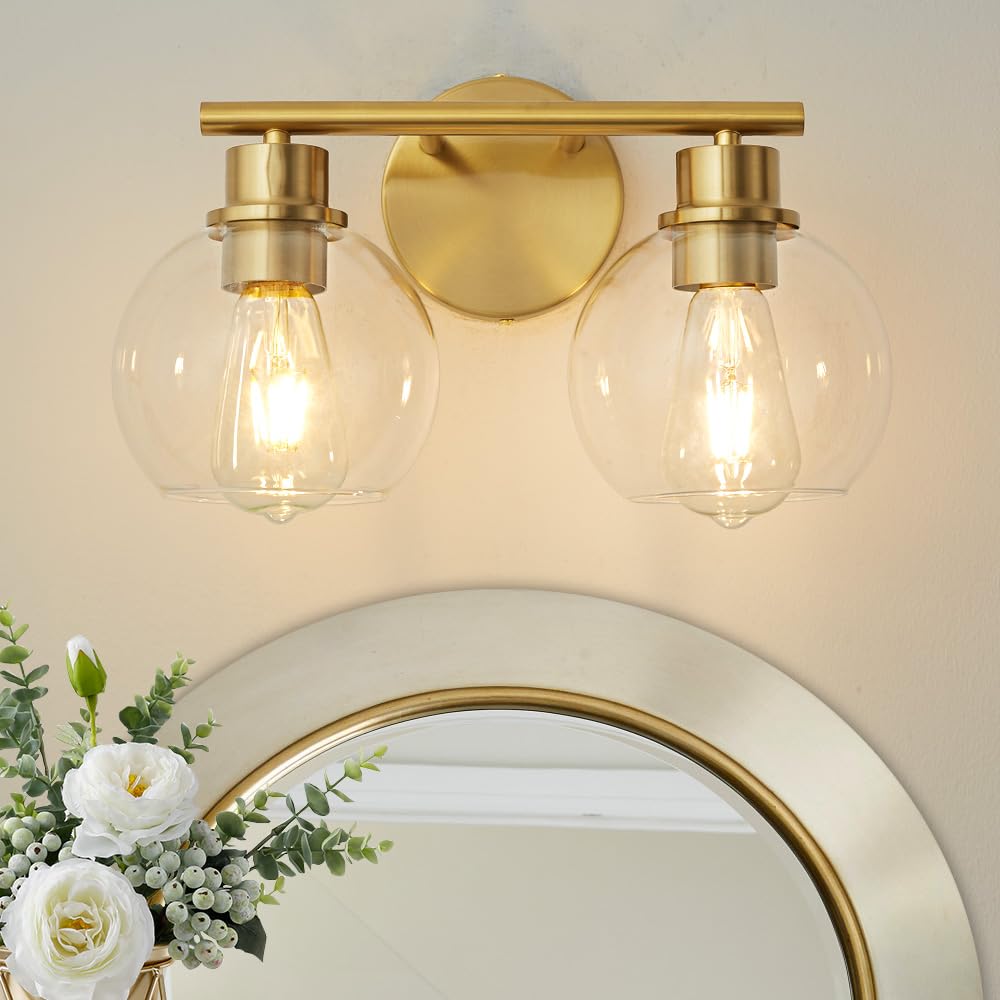Bathroom Light Fixtures Over Mirror 2-Lights Bathroom Vanity Light with Clear Glass Shade 13.8 inch Gold Vanity Light Wall Sconce Brushed Brass Vanity Light Bathroom Light for Bath