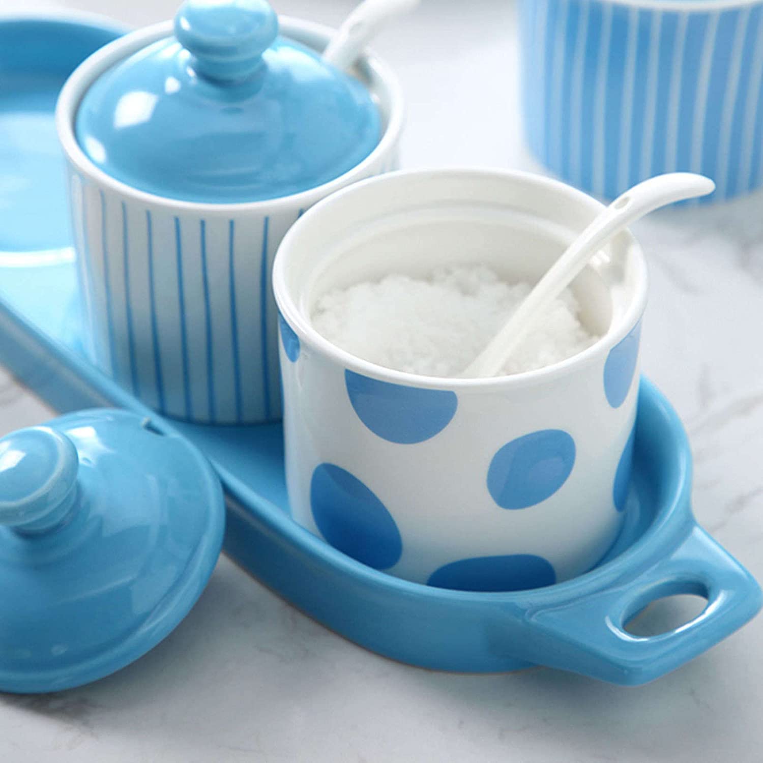 Sucrier bleu en céramique avec couvercle - Pot de rangement pour sucre de cuisine - Pot à sucre rouge pour café et thé - Pot à épices - Pot à sel - Pot à sucre - Pot à sucre - 250 ml