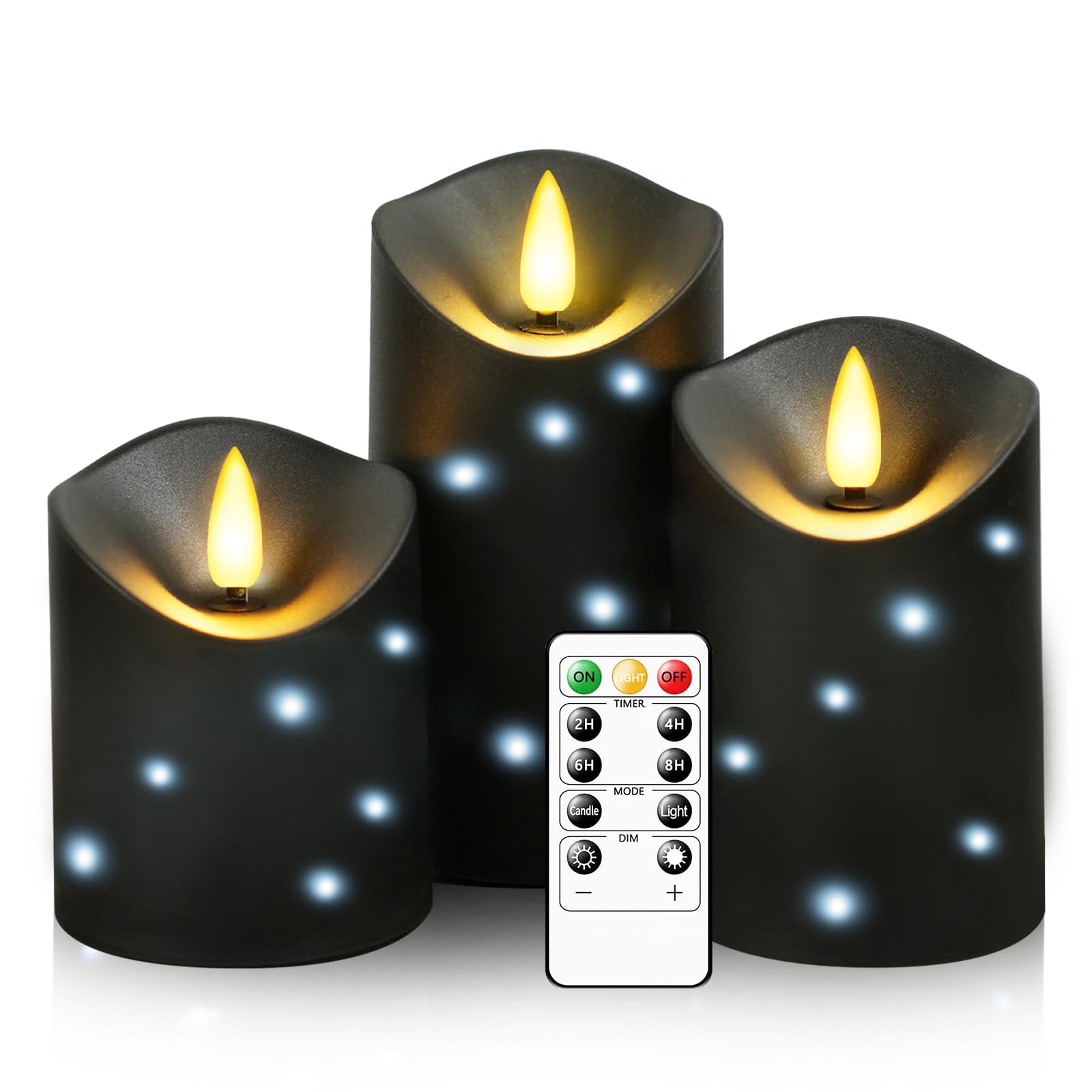 kakoya Outdoor Waterproof Flickering Flameless Candles with Embedded Star String,3Pcs LED Pillar Candles Battery Operated with Remote and Timers for Courtyard,Porch,Camping,Holiday Decoration(Black)