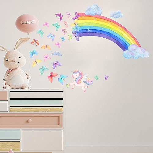 Amimagen Calcomanías de pared de acuarela arcoíris Mariposas de colores nubes calcomanías de pared para niñas Niños Bebé Niñas Guardería