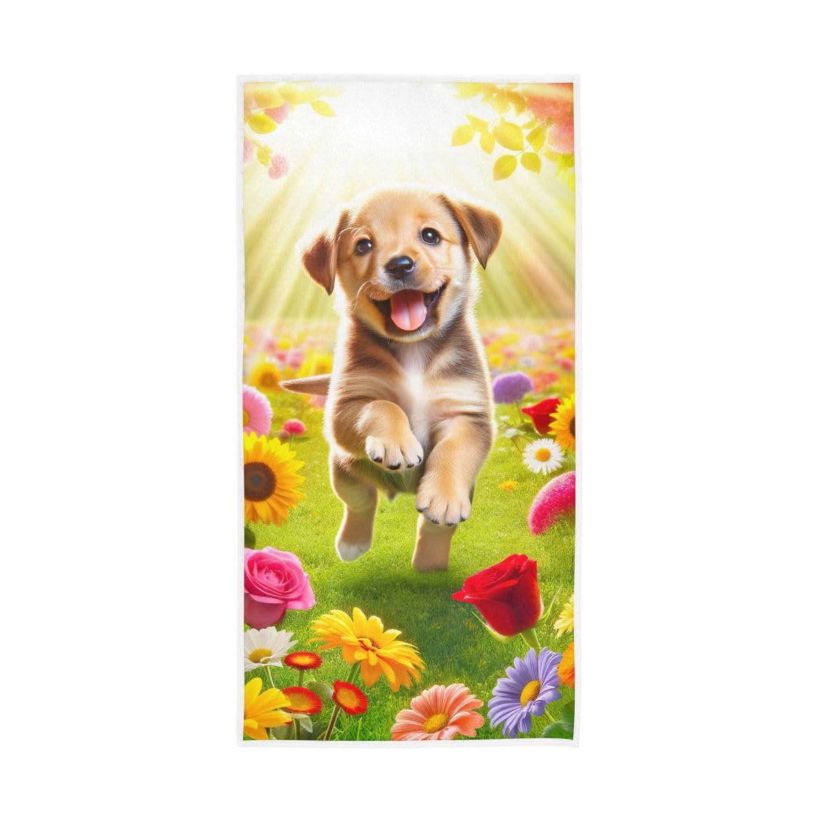 LSRCPD Cute Puppy with Flowers Hand Towel, 15 x 30 Inches, Soft Highly Absorbent Towels for Bathroom Gym Shower
