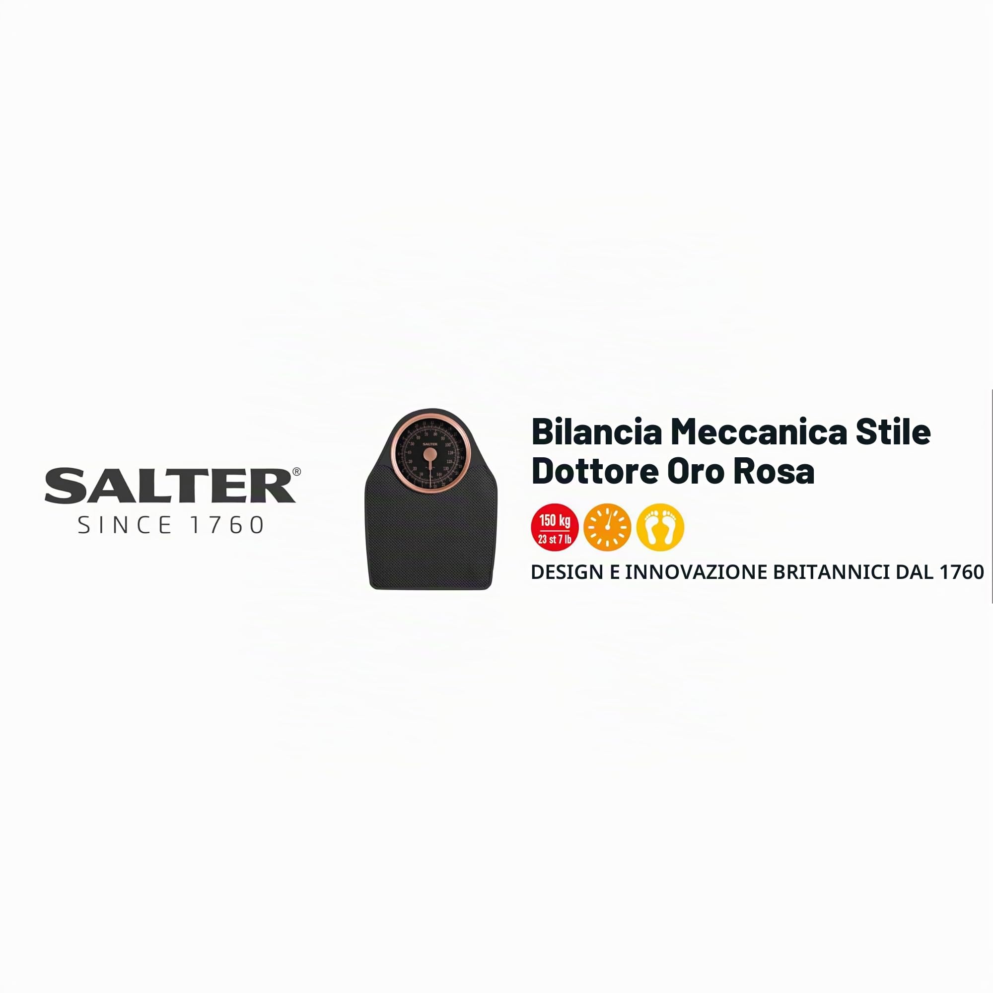 Salter 145 RGFEU16 Bilancia meccanica Doctor Style - capacità massima 150 Kg, quadrante di facile lettura con puntatore rotante, ampia piattaforma con tappetino in vinile, senza batteria, oro rosa