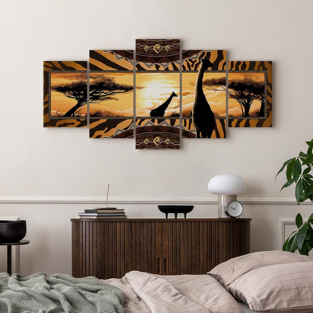 Tableau Toile HD Cadre MDF 12mm Girafes B&D Tableau Décoratif Paysage Afrique 150x75cm - Toile Savane Girafes Coucher Soleil - Décoration Murale Moderne Tableau 150x75cm Savane