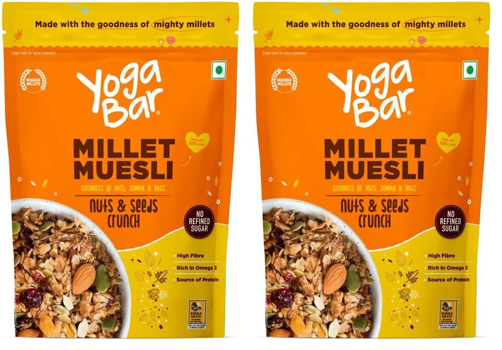 Yogabar Millet Muesli Nuts & Seeds Crunch 500g | No Refined Sugar | High Fibre | Rich in Omega-3 | Protein Source | Breakfast Cereal with Oats, Jowar & Ragi | Veg (Pack of 2)-image-19