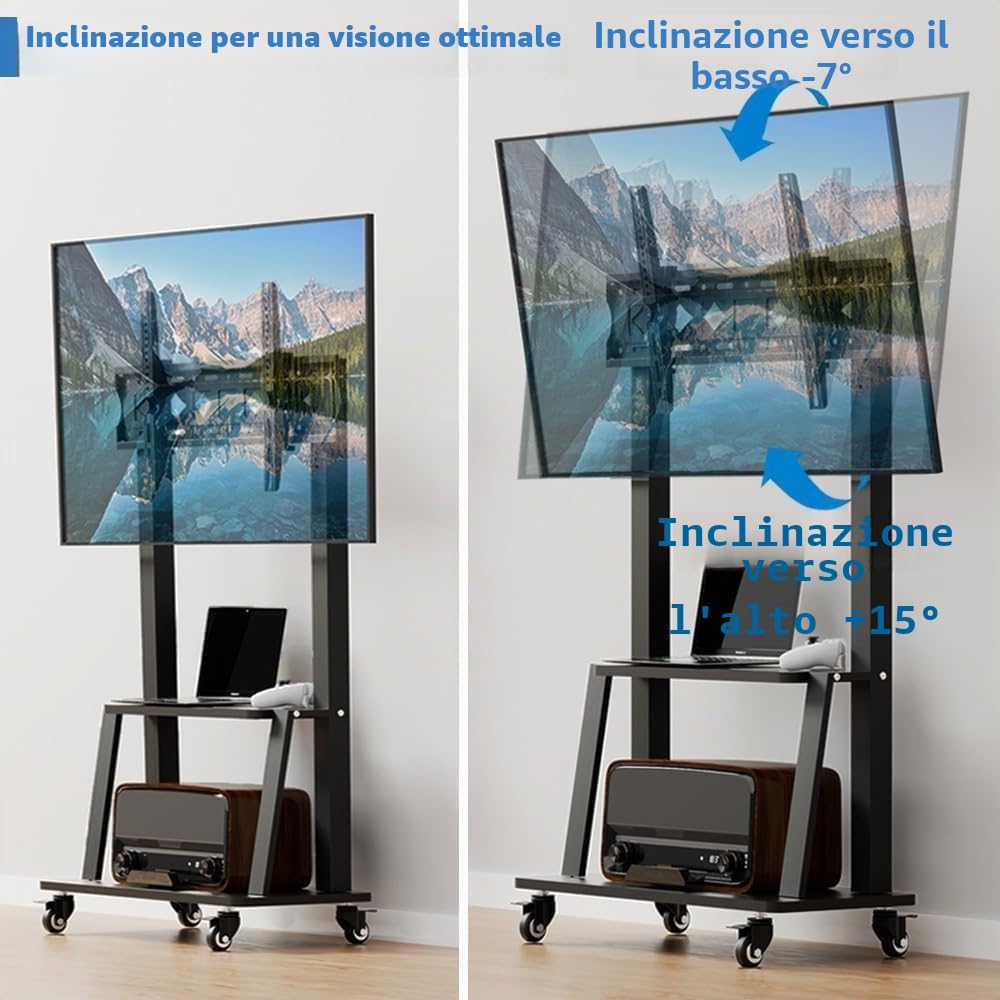 Porta tv da terra mobile Supporto per TV portatile su ruote da 32 a 75 pollici, supporto TV mobile con ripiano, regolabile in altezza, supporta fino a 130 lbs, Vesa 600×400