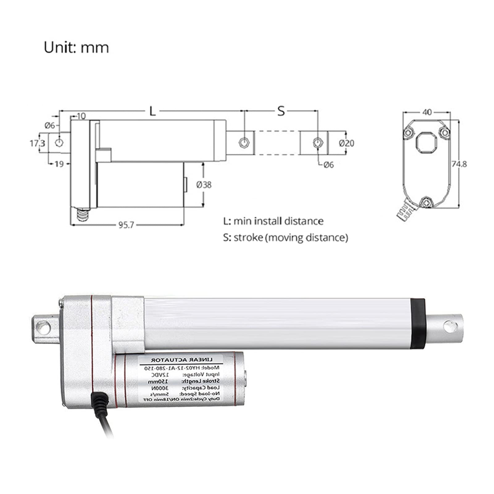 Siłownik liniowy, DC 12V / 24V Siłownik liniowy 300mm skok 150 0N Elektryczny napędowy otwieracz okna Liniowy silnik 30W 2.5a(12V 100N 60mm s)