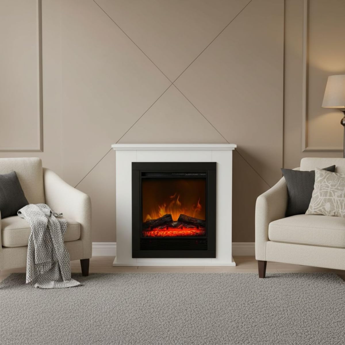 Cheminee Electrique Effet Flamme Lugano 1800W - Cheminée Décorative avec Télécommande et Minuterie - Chauffage Electrique Poêle Électrique Autoportant - Blanc