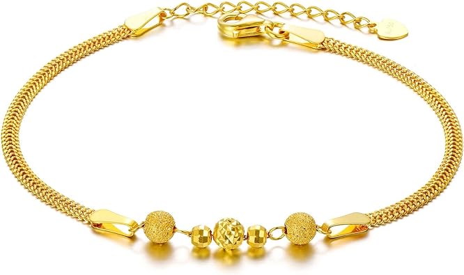 SISGEM Solid 18k Yellow Gold Bead Bracelet and Anklets for Women, Real 18 Karat Gold Fine Ankle Bracelet Jewelry for Her 2.3 mm Wide Chain, 8.6-10.2 Inch