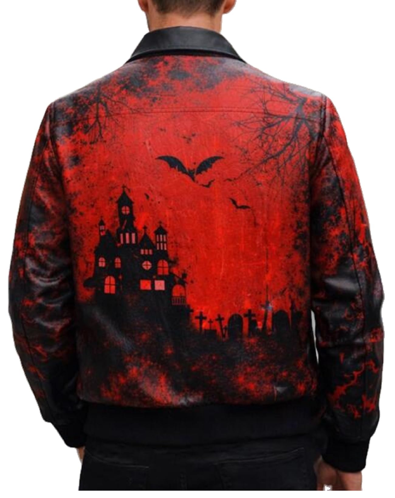 Chaqueta bomber de cuero para hombre, disfraz de cosplay con estampado gótico rojo y negro de casa encantada