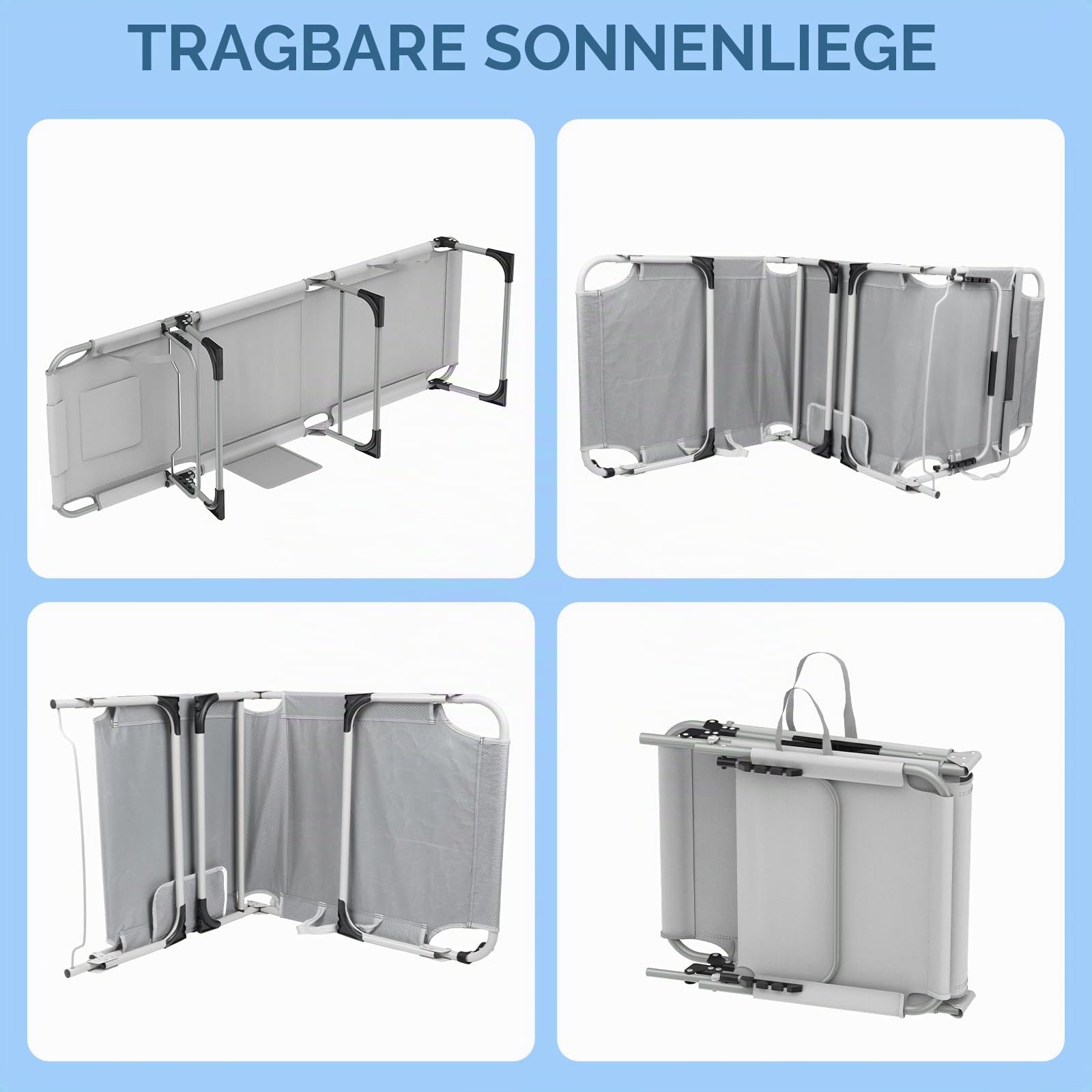 Sonnenliege mit Gesichtsöffnung,Klappbare Gartenliege,Liegestuhl mit U-Kissen&3-Fach Verstellbarer Rückenlehne,Gartenstuhl,Strandliege,Relaxliege Faltbar für Sonnenbaden,Strand,Garten,Camping,Hellgrau