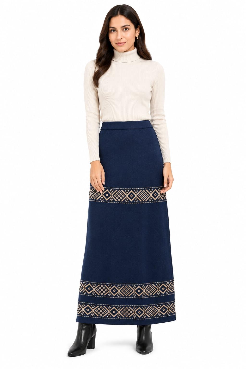 Women's Navy Blue Knit Maxi Skirt with Geometric Border-image-1