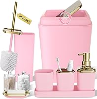 Vista 10 de Juego de accesorios de baño rosa, de plástico, con bandeja, dispensador de jabón, portacepillos de dientes, vaso, jabonera, cepillo para inodoro