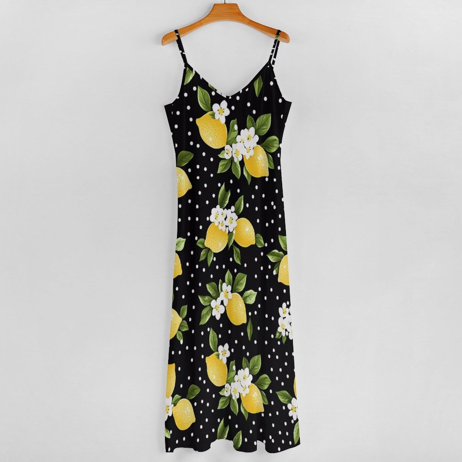 Vestido casual de verano con estampado de lunares y flores de limón para mujer, vestido largo de espagueti ajustable, largo hasta el tobillo con volantes