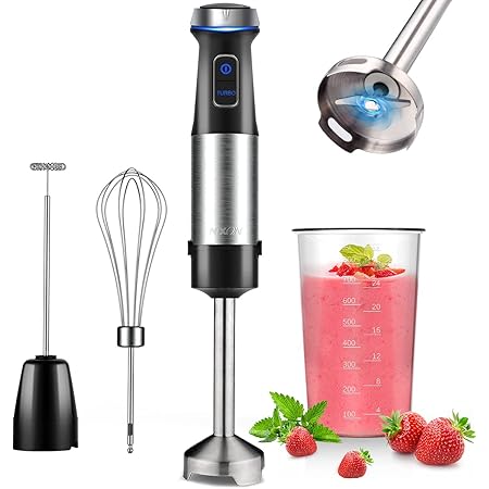 NXONE Immersion Hand Blender - 500W-Stepless Speed 4-in-1 Smart Stick Blender with 800ml Mixing Beaker, Milk Frother, Egg Whisk for Smoothies/Puree Baby Food/Sauces/Soups, Black