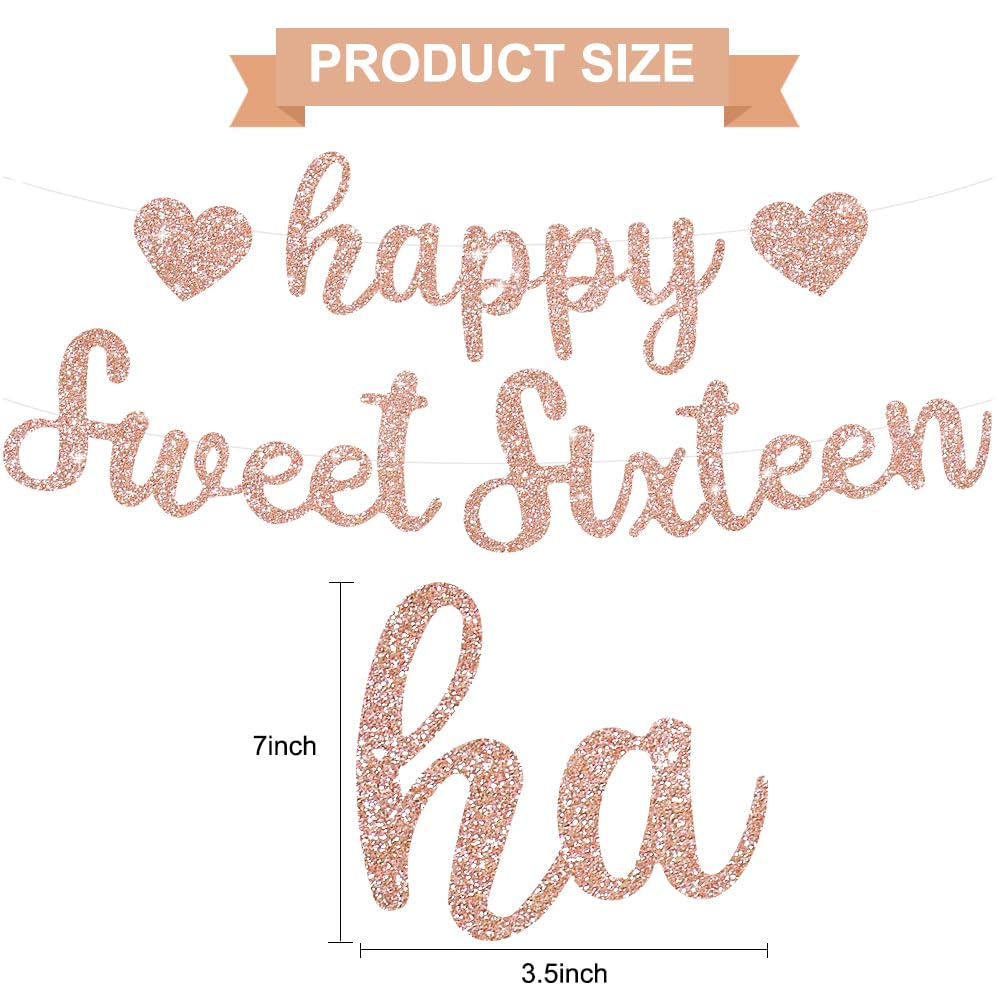 BEISHIDA Rose Gold Glitter Happy Sweet 16 Birthday Banner, Pre-Strung Glitter Happy 16 Birthday Decoration for Girls?Happy 16th Birthday Sign for Women, Girls