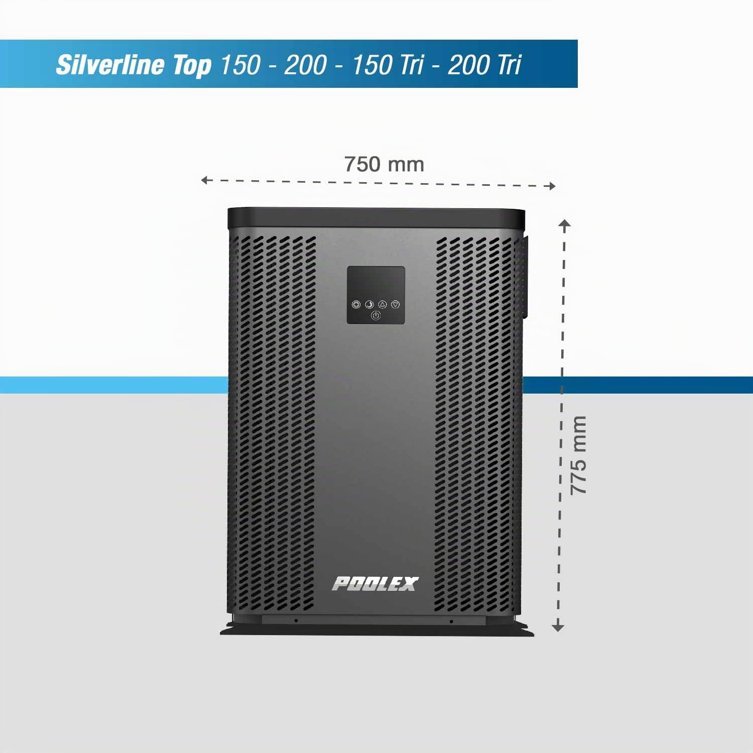 POOLEX, PC-TOP150T Silverline Top, Pompa di calore verticale monofase piscina 90-120 m³, Full Inverter, Riscalda e Raffredda, Design Premium e Duraturo, Compatibile con trattamento al sale