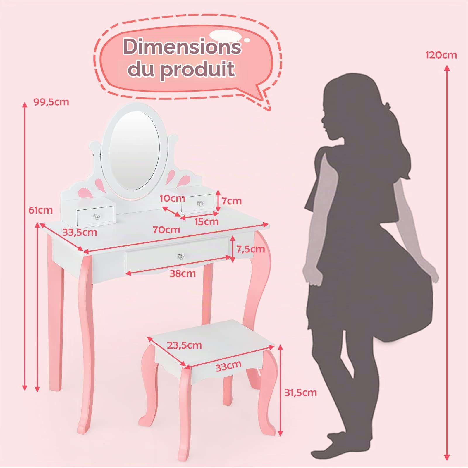 DREAMADE Coiffeuse pour Enfants 2 en 1 avec Miroir Rotatif 360° et Détachable, Table de Maquillage en Bois avec Tabouret, 3 Tiroirs, Style Princesse pour Filles,Blanc (Goutte-Blanche)