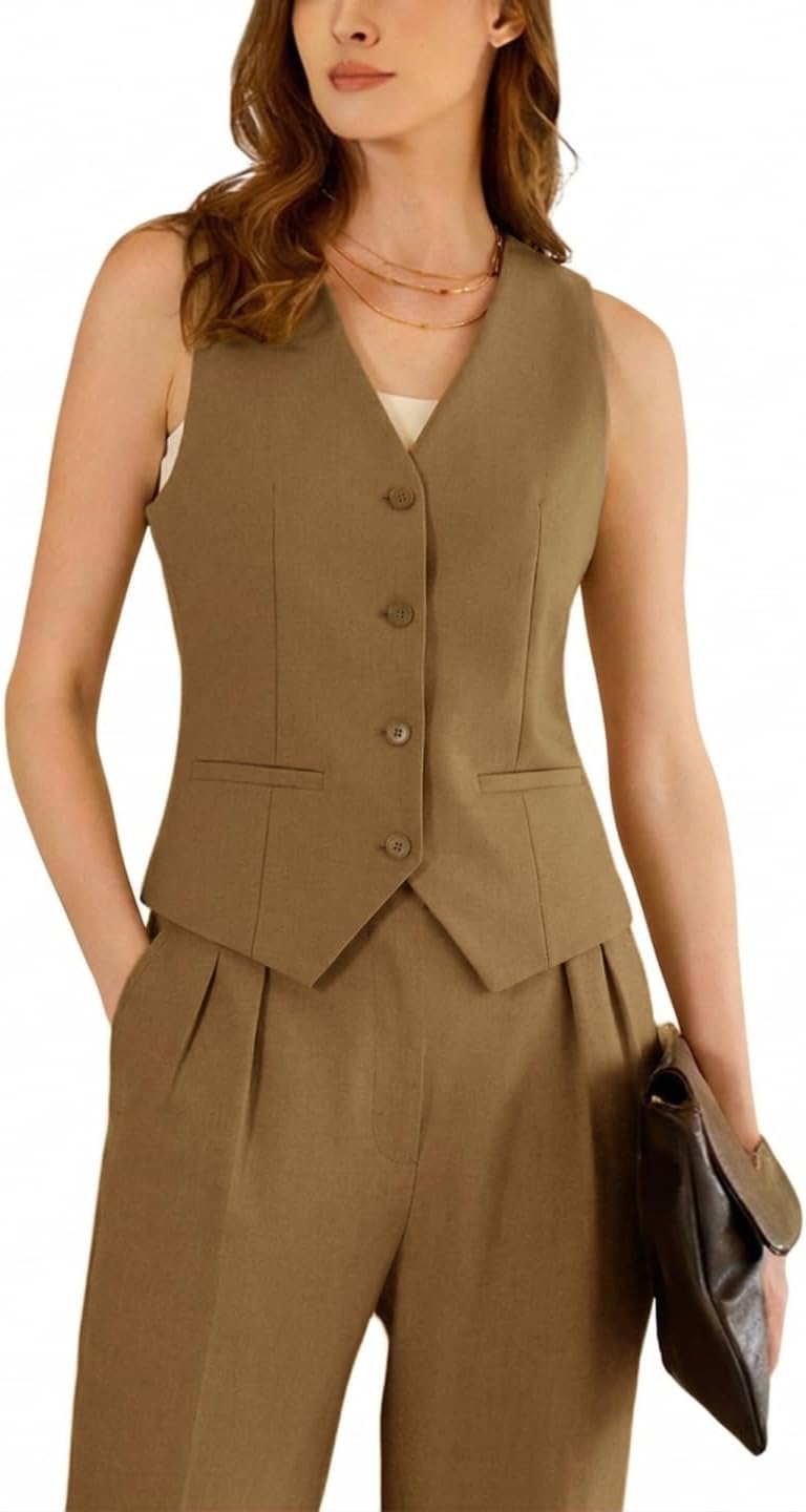 2 Piece Set Linen Outfits for Women Casual Pant Suits Womens Linen Vest Set Work Office Suit Slim Fit