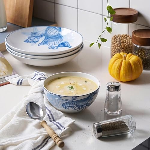 Miniatura 7 de Minh Long - Juego de vajilla costera de porcelana de 12 piezas, platos, cuencos, servicio para 4, resistente a astillamientos y arañazos, apto para