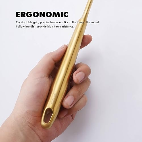 Miniatura 4 de Juego de utensilios de cocina dorados, 12 utensilios de latón mate para servir, herramientas de cocina de acero inoxidable 1810, triturador de