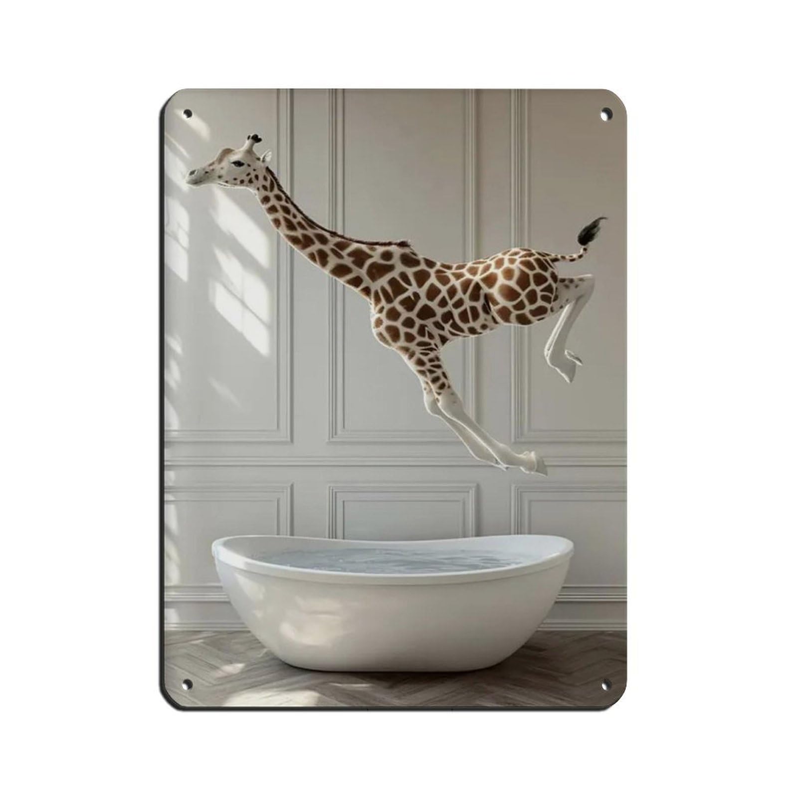 Giraffe Jumping Into Bathtub, Funny Bathroom Art Tin Sign Vintage Metal Pub Club Cafe Bar Home Wall Art Decoration Poster Retro 12x16inch(30x40cm)