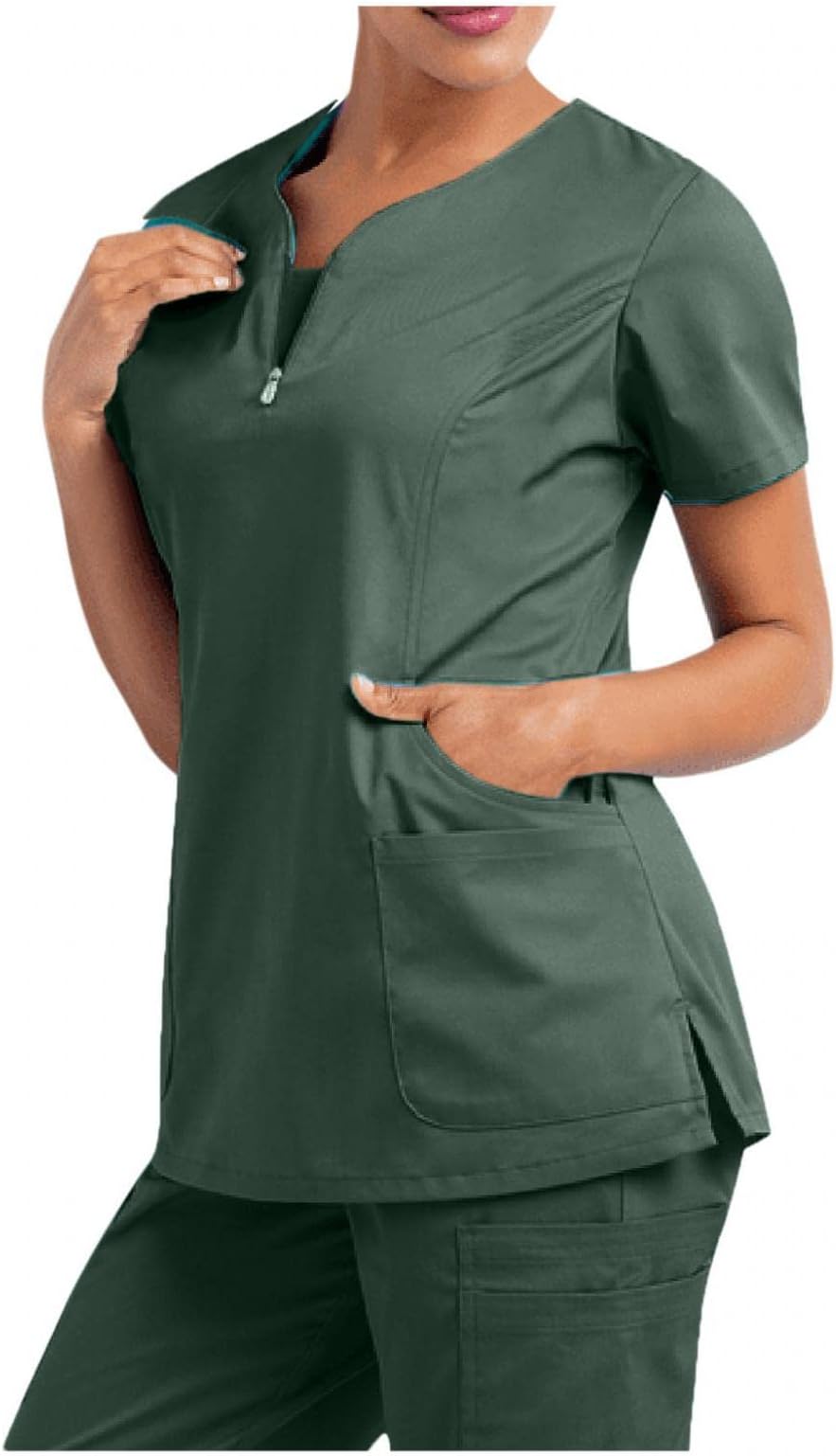 Womens V Neck Scrub_Tops Nursing Uniform Solid Color Print Healthcare Working Tops Short Sleeve Working Uniform Green