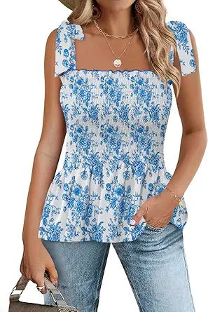 Micoson Ruffle Tank Tops for Women Summer Square Neck Sleeveless Tops Tie Shoulder Chiffon Blouse Babydoll Shirts
