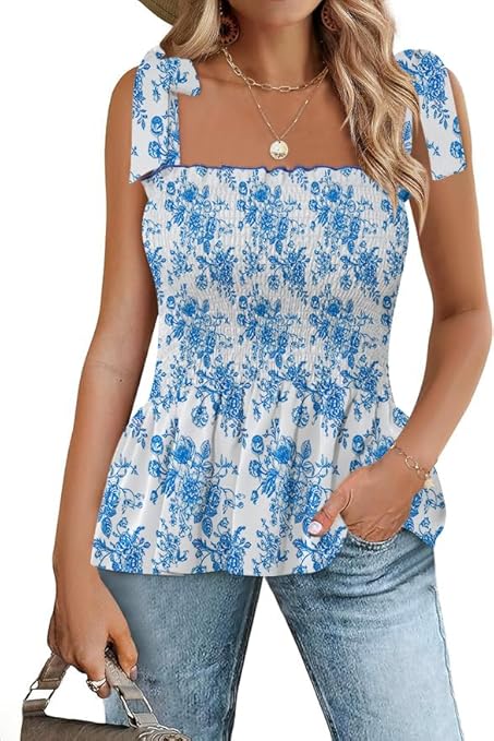 Micoson Ruffle Tank Tops for Women Summer Square Neck Sleeveless Tops Tie Shoulder Chiffon Blouse Babydoll Shirts