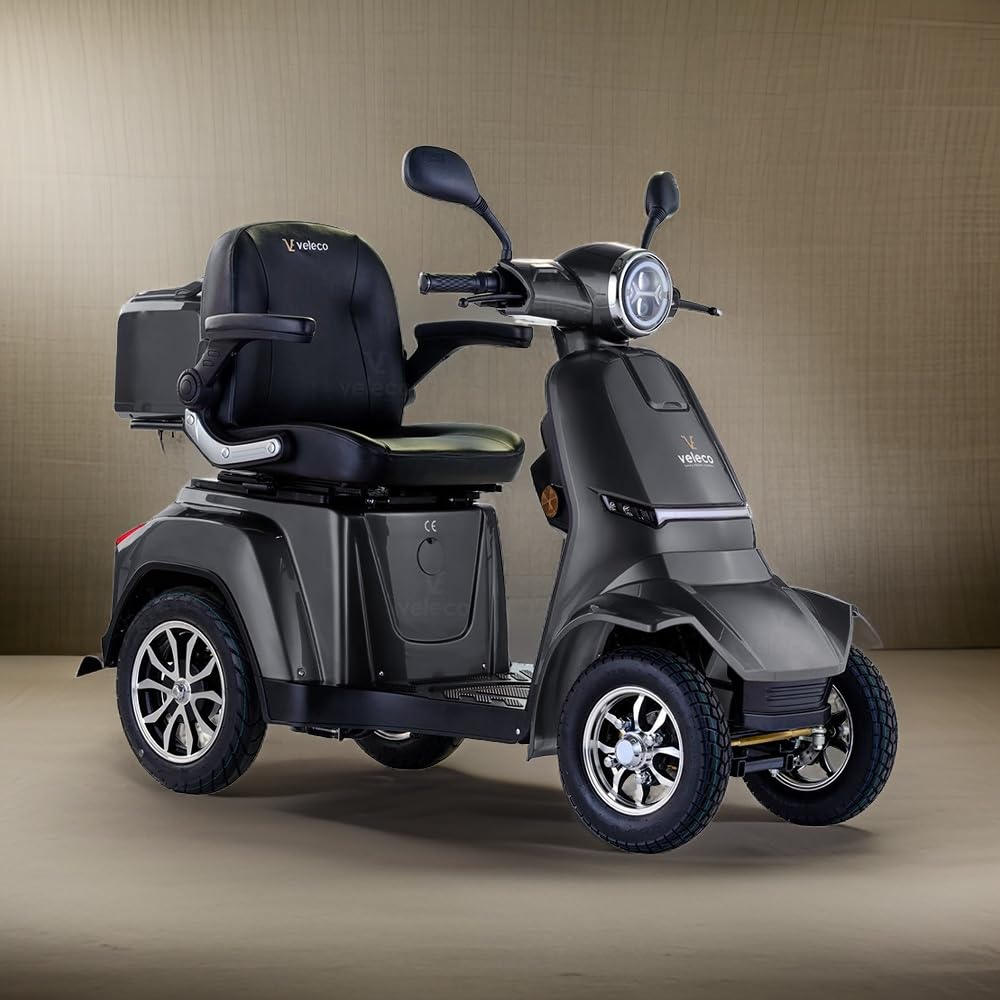 VELECO GRAVIS - Scooter Disabili a 4 ruote - Completamente assemblato e pronto all'uso - Sicuro e stabile - Illuminazione completa a LED - Ampio deposito e portabicchieri(GRIGIO)