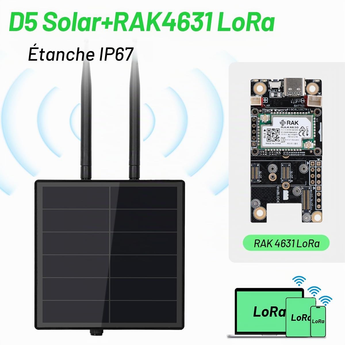 Keepteen D5 Solar Lora Node Meshtastic Répéteur avec Wisblock RAK19007 RAK4631 868 MHz Mesh Lora Antenne NRF52840 Bluetooth Panneau intégré 5000 mAh Contrôleur