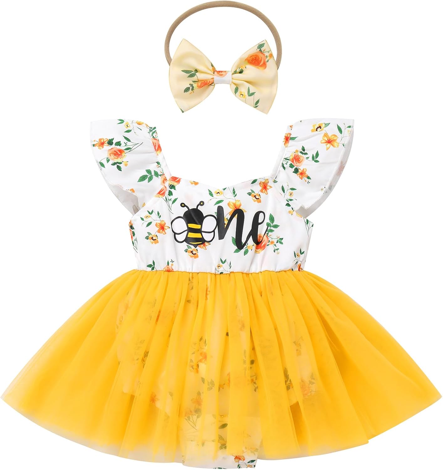 FYMNSI 新生児 赤ちゃん 1歳 誕生日 女の子 衣装 フラッター スリーブ スモック フローラル チュール ロンパース チュチ